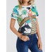 Cartoon Cat Girl Print O  neck Short Sleeve Casual T  shirt For Women