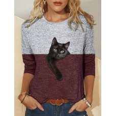 Women Contrast Color 3D Cat Print Long Sleeve O  Neck Casual T  Shirt