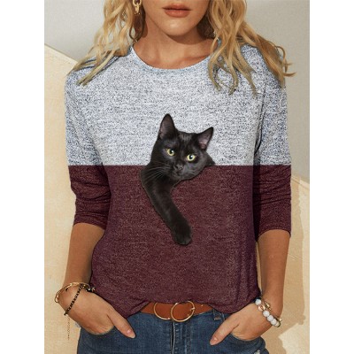 Women Contrast Color 3D Cat Print Long Sleeve O  Neck Casual T  Shirt