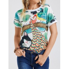 Cartoon Cat Girl Print O  neck Short Sleeve Casual T  shirt For Women