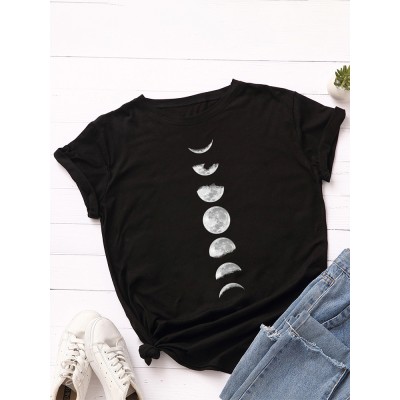 Women Lunar Eclipse Graphic Print Multi  Color O  Neck Short Sleeve Daily T  Shirt