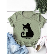 Women Cartoon Cat Letter Printed O  Neck Casual Short Sleeve T  Shirts