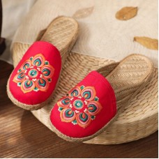 Red Embroideried Cotton Linen Fabric Slippers Shoes